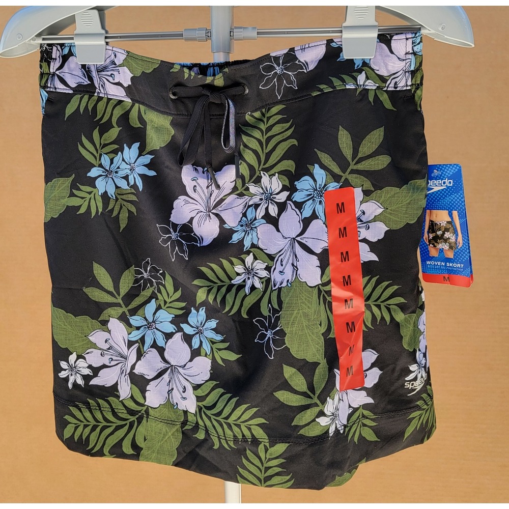 Speedo Womens Tropical Floral Woven Skort Black Blue UPF 50+ Swim Skirt Med NWT